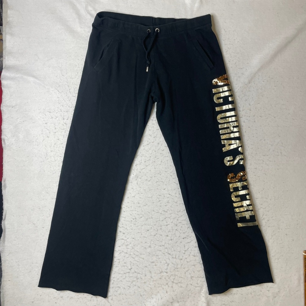 Victoria's Secret Sweatpants Womens Medium Black Gold Sequin Wide Leg Fleece